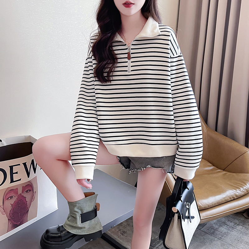 實拍 春季韓版寬鬆POLO領條紋簡約百搭中長款大碼薄款衛衣女