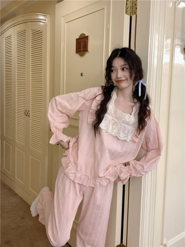 Real shot of Korean version of sweet princess style cotton jacquard heavy lace spring square collar outer wear home wear suit