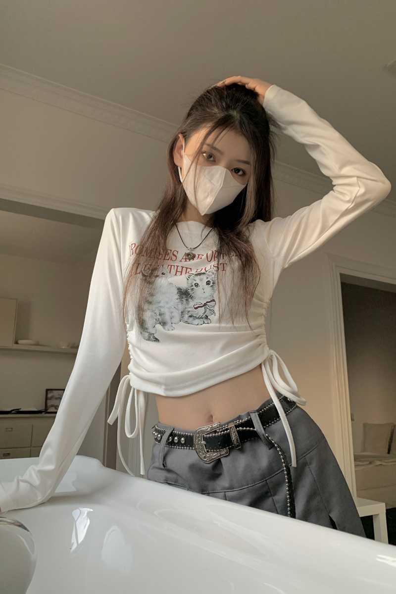 實拍~貓咪印花長袖T恤辣妹打底衫修身設計感抽繩收腰短款上衣