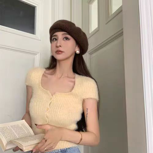 方領毛針織衫短袖t恤女2024年春款設計感小眾ins別致短款辣妹上衣