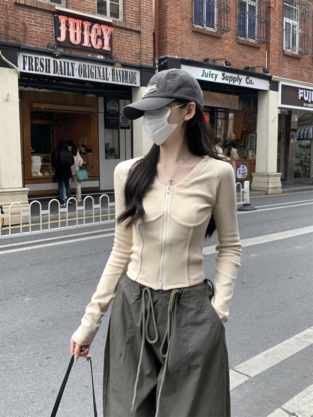 實拍 春季韓版v領魚骨插肩顯瘦拉鏈純棉開衫長袖T恤上衣女