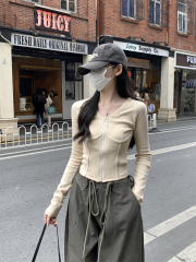 Photographed Spring Korean Style V-Neck Fishbone Off-the-Shoulder Slimming Zipper Pure Cotton Long-Sleeve T-Shirt Top for Women