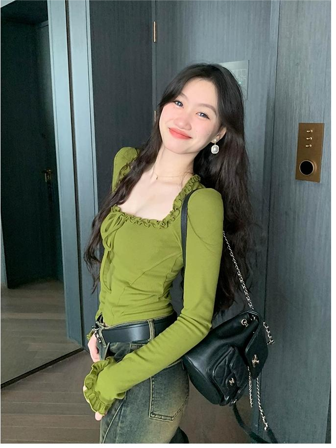 已出貨 簡約風大方領木耳邊ins上衣秋顯瘦長袖低胸口T恤女