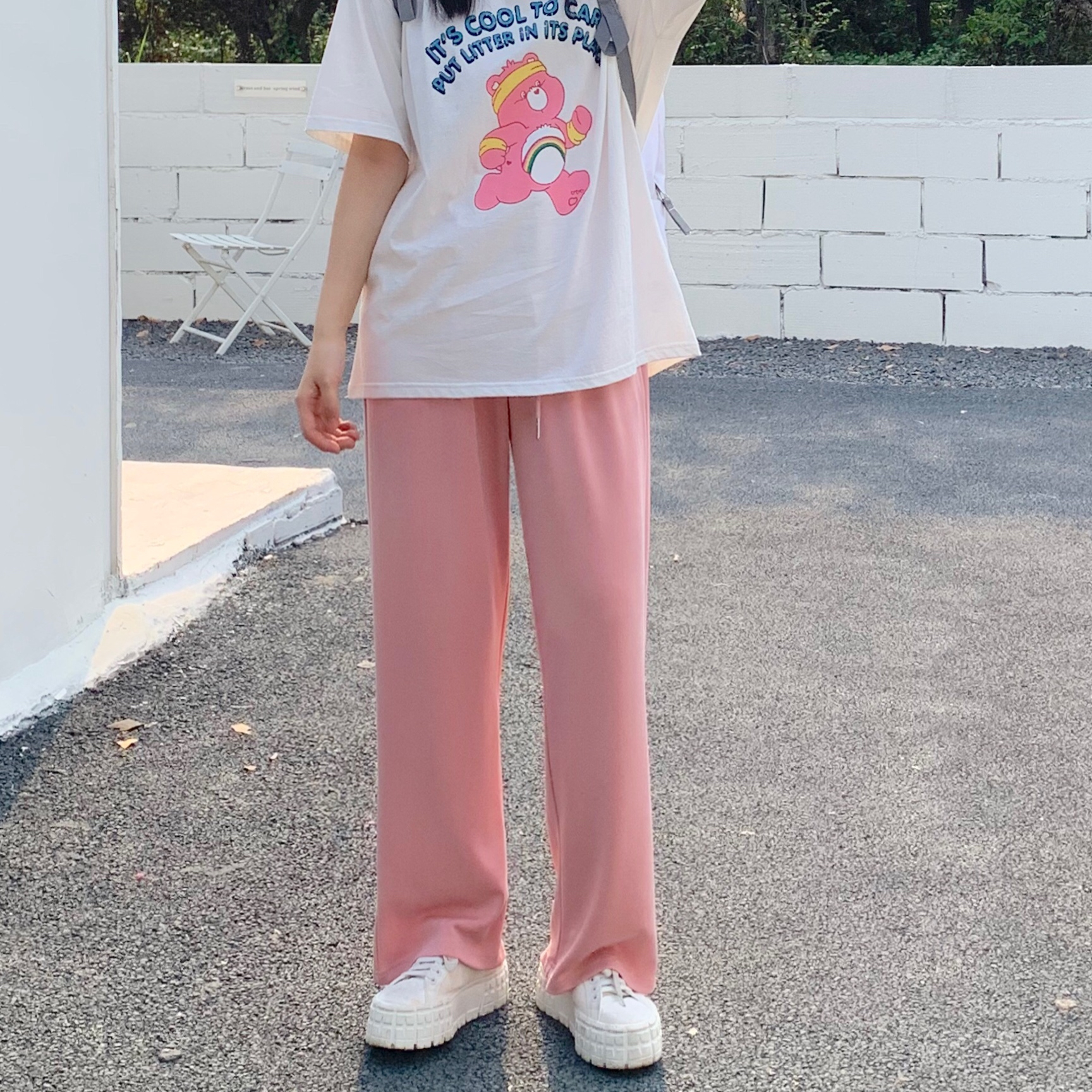 春夏新款小個子粉色直筒休閒褲女甜妹高腰抽繩寬鬆闊腿運動褲