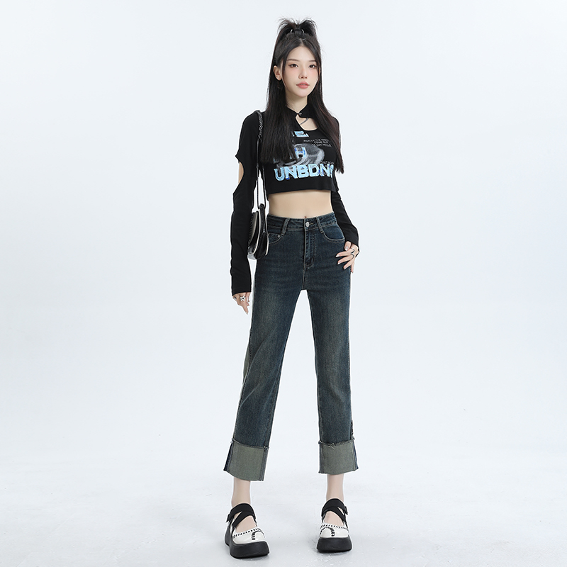 實拍2024早春時尚潮流直筒美式復古牛仔褲女