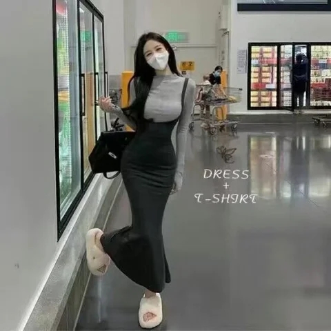港味高級感收腰吊帶連衣裙女春裝新款兩件套裙裝高腰包臀魚尾長裙