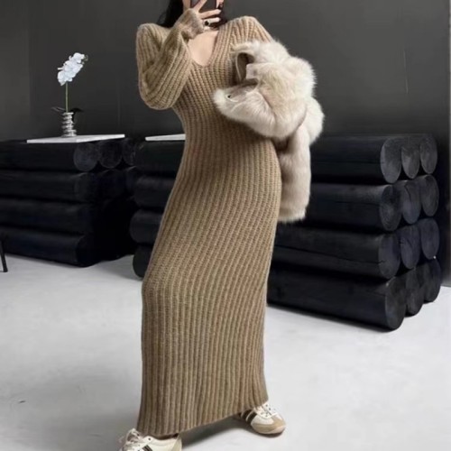 韩国chic 春秋V领修身小个子针织毛衣包臀连衣裙