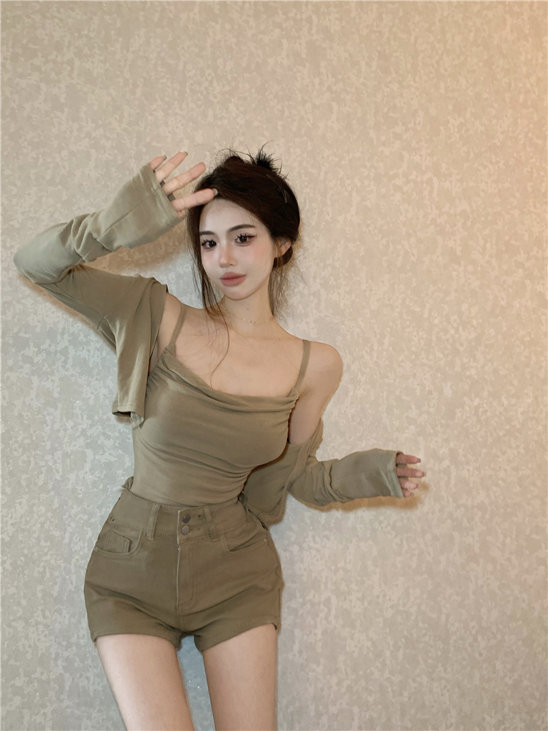 實拍！鹽系穿搭套裝女遮肉開衫百搭吊帶背心兩件套