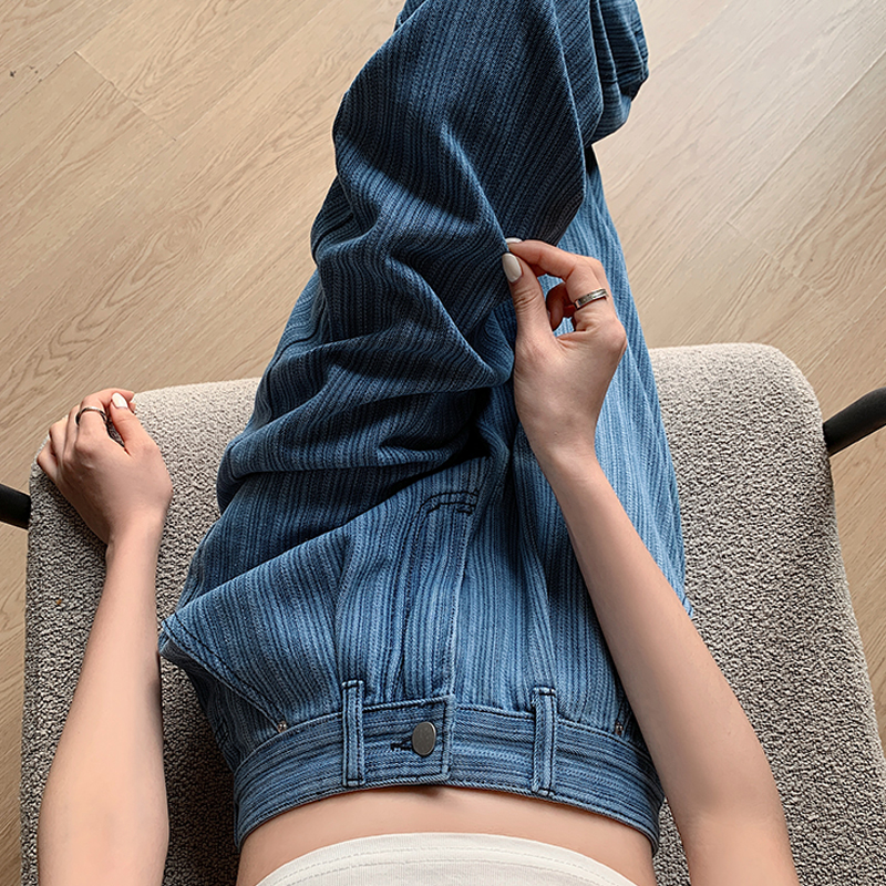 實拍大碼女裝2024春季新款設計感豎條紋寬鬆高腰顯瘦牛仔褲拖地褲