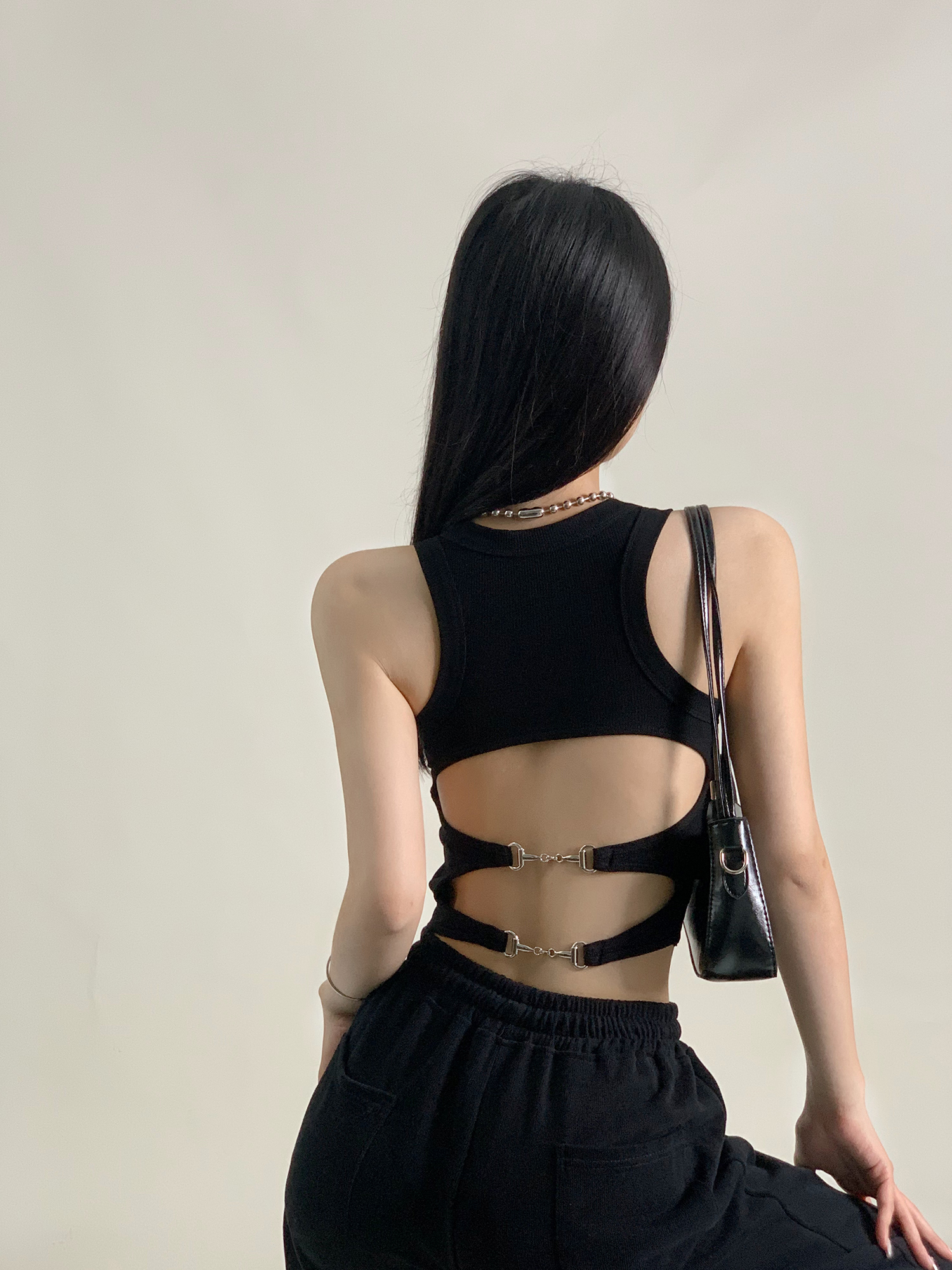 已出貨 美式辣妹黑色美背露背顯瘦吊帶背心女夏季外穿上衣