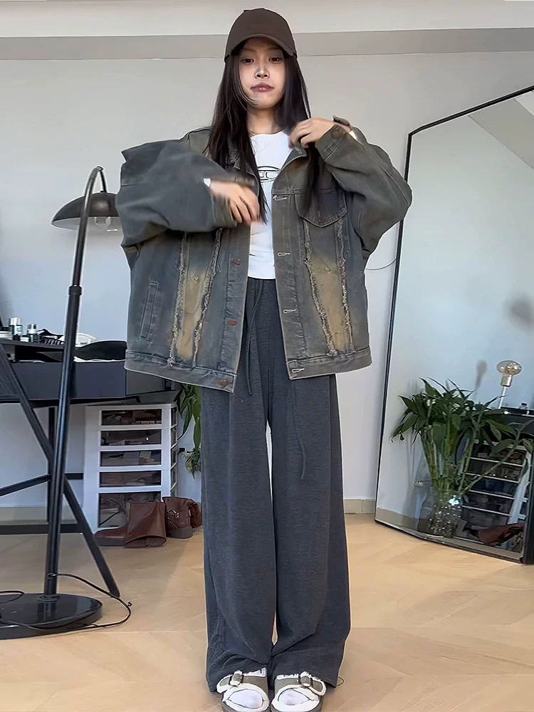 美式復古高街水洗做舊牛仔外套女2024秋季寬鬆顯瘦慵懶風夾克上衣