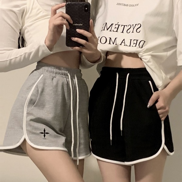 Already shipped, women's sports outer shorts, loose embroidered, slimming, fashionable wide-leg hot pants, versatile summer straight pants