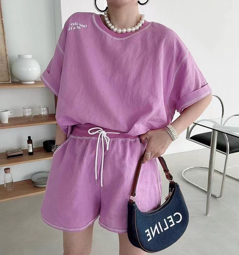 Korean chic fashion suit women's summer short-sleeved loose top + elastic waist wide-leg pants shorts two-piece set