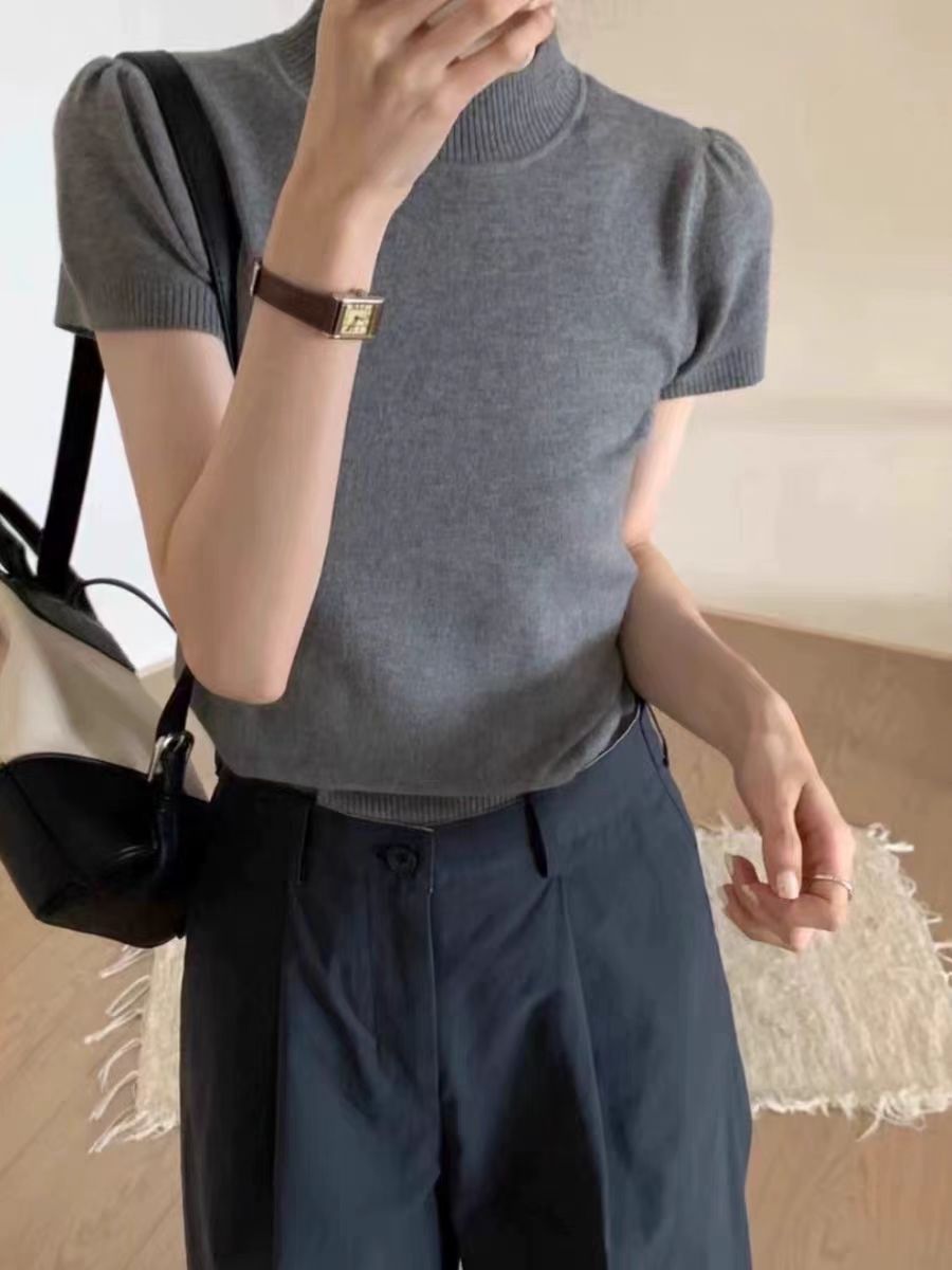 泡泡短袖針織T恤女修身顯瘦十三行設計感上衣搭配闊腿西裝褲春夏