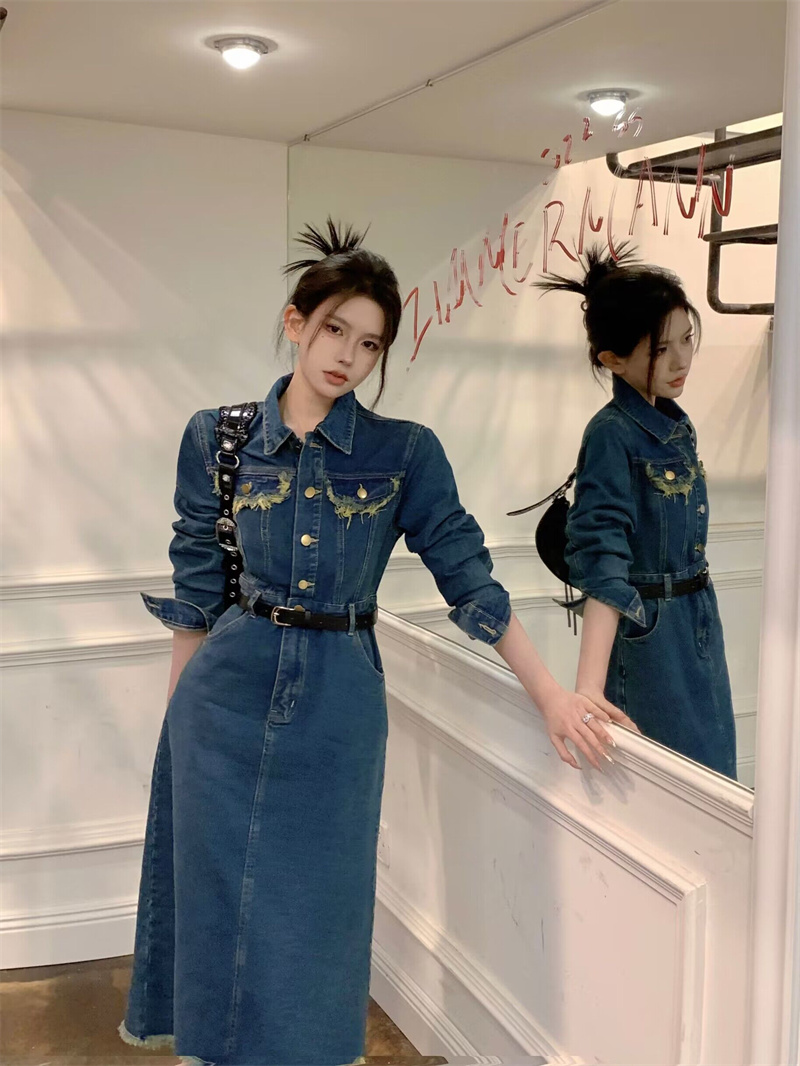 實拍~春季茶歇法式高級感牛仔襯衫連衣裙女小個子收腰長裙子