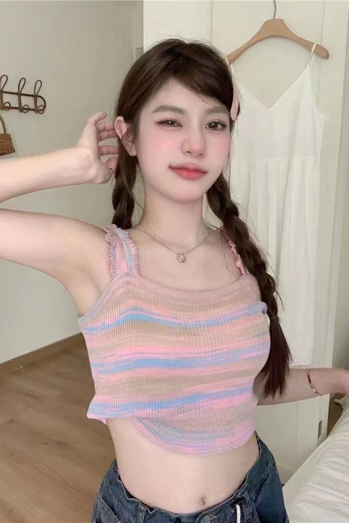 木耳邊復古條紋薄款針織吊帶背心女夏甜辣妹短款純欲顯瘦上衣