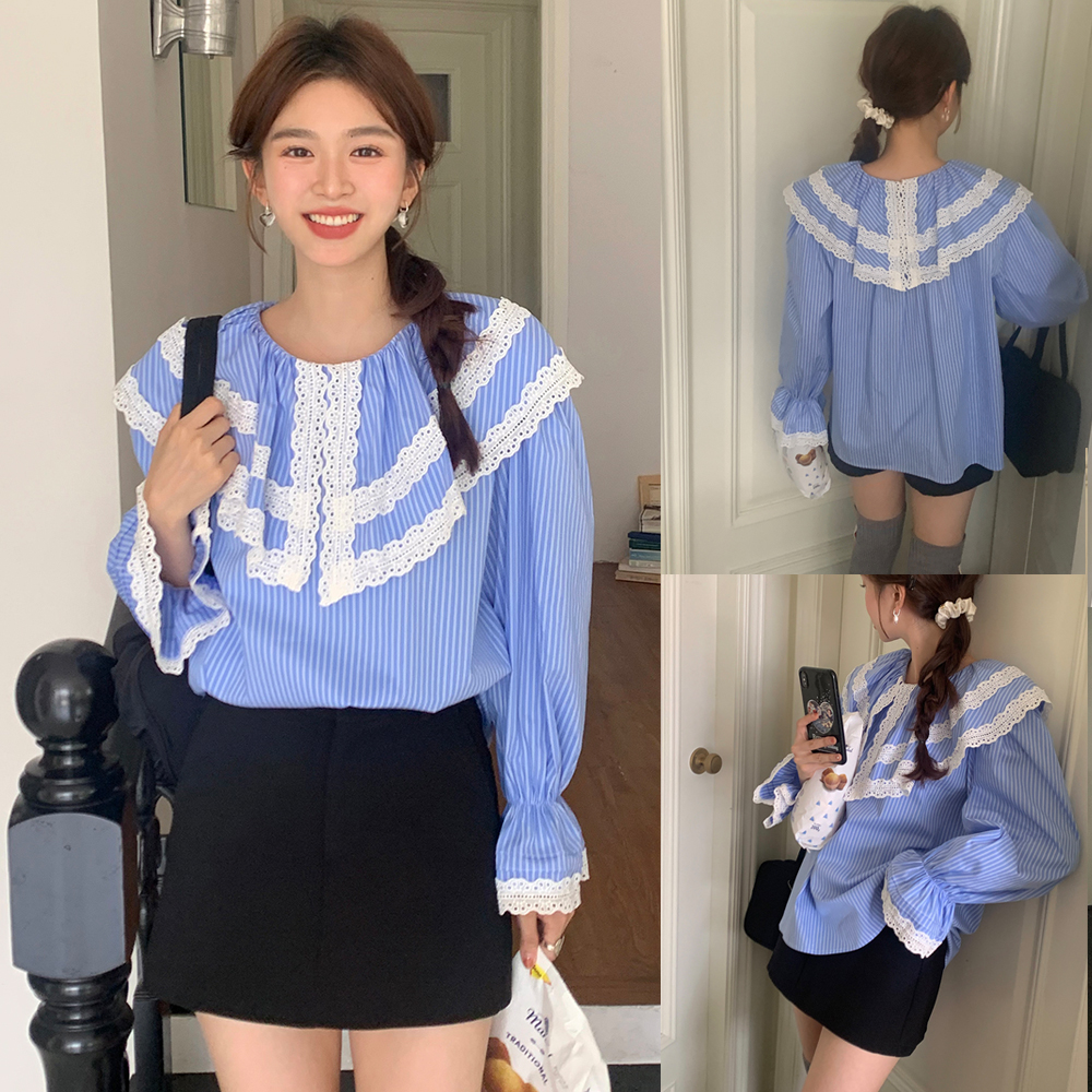 Real shot French style small clear sweet lace splicing big turn baby collar bell sleeve top shirt