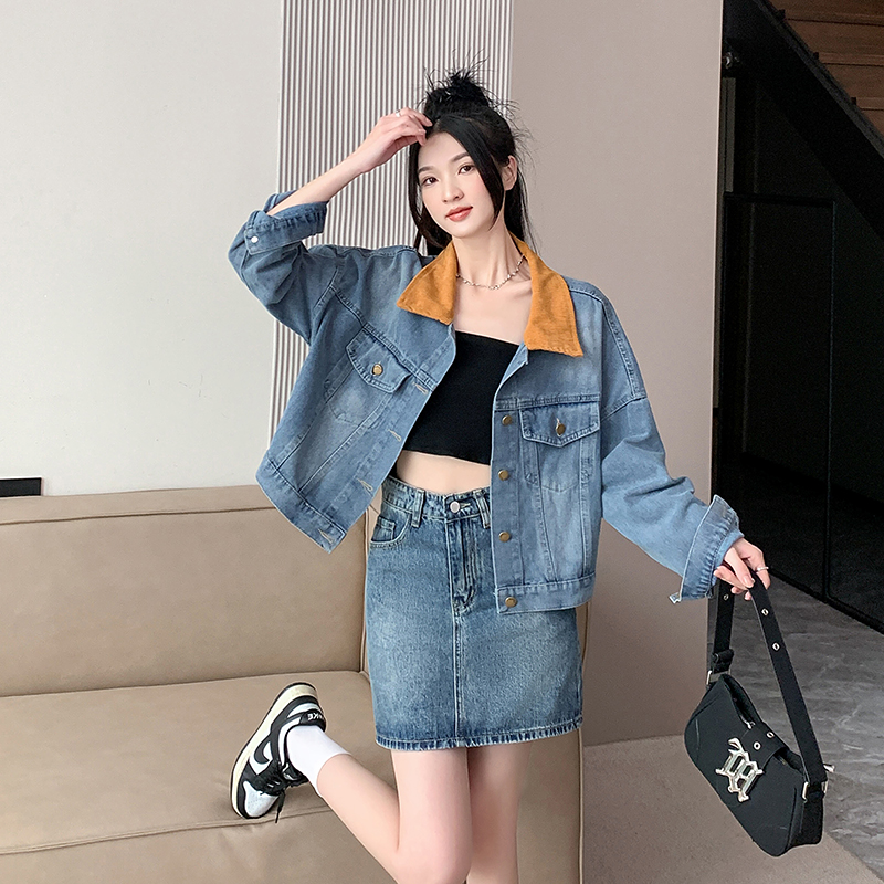 實拍~撞色拼接牛仔外套女復古短款牛仔上衣時尚百搭新款外套