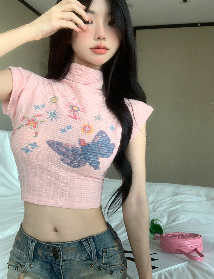 實拍法式純欲chic無袖短款上衣女甜辣妹塗鴉高領bm風背心T恤