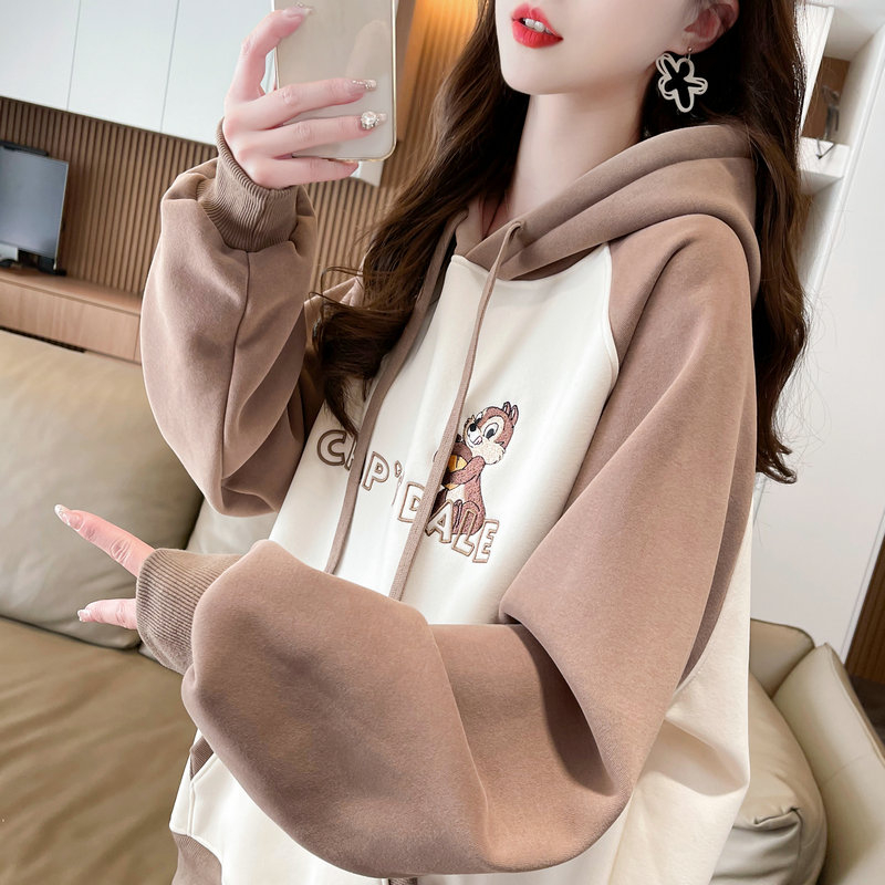 實拍 2024春季新款韓版連帽卡通刺繡拼接大碼簡約薄款衛衣女