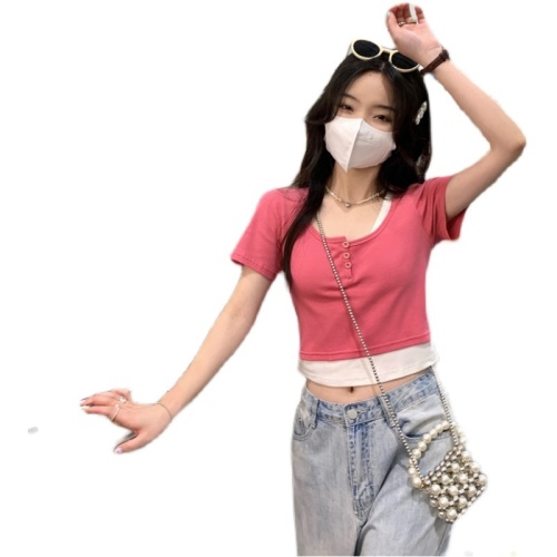 夏季新款设计感短袖T恤女短款露脐拼接假两件韩版bm显瘦上衣