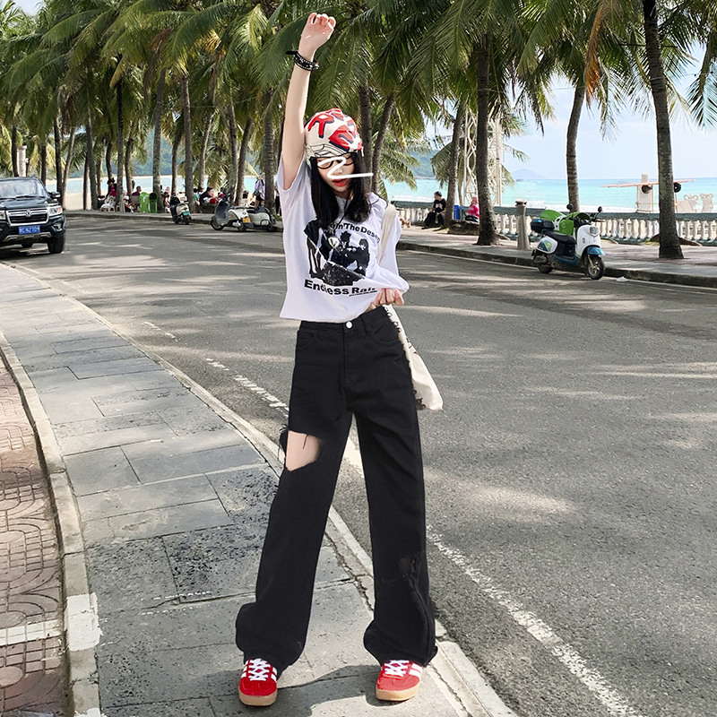 實拍 高街破洞yyds辣妹高腰直筒牛仔長褲顯瘦設計感黑色闊腿褲夏