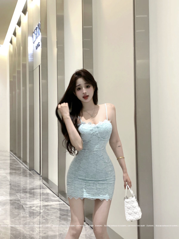 Actual shot of the new mint green custom-dyed knitted heavy-duty lace with breast pads pure desire slim-fit suspender dress