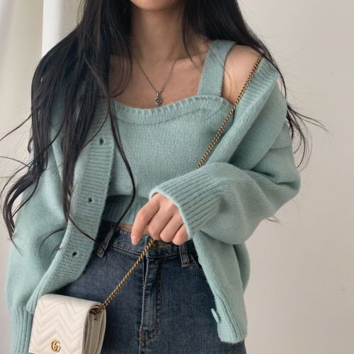 Korean style knitted cardigan + versatile camisole two-piece set with new style and temperament for women