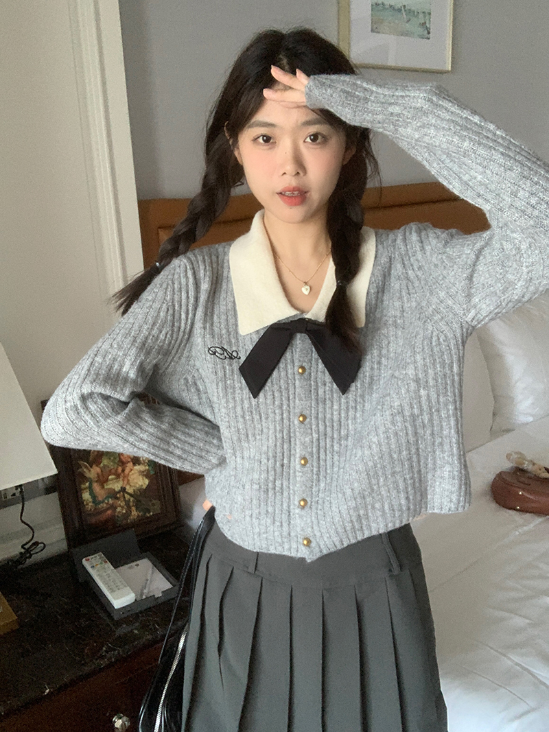 實拍  灰色蝴蝶結毛衣針織開衫女秋季新款短款外套