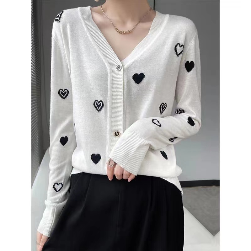 French heavy industry love jacquard V-neck allotment cashmere knitted cardigan for women spring and autumn loose versatile wool coat trendy
