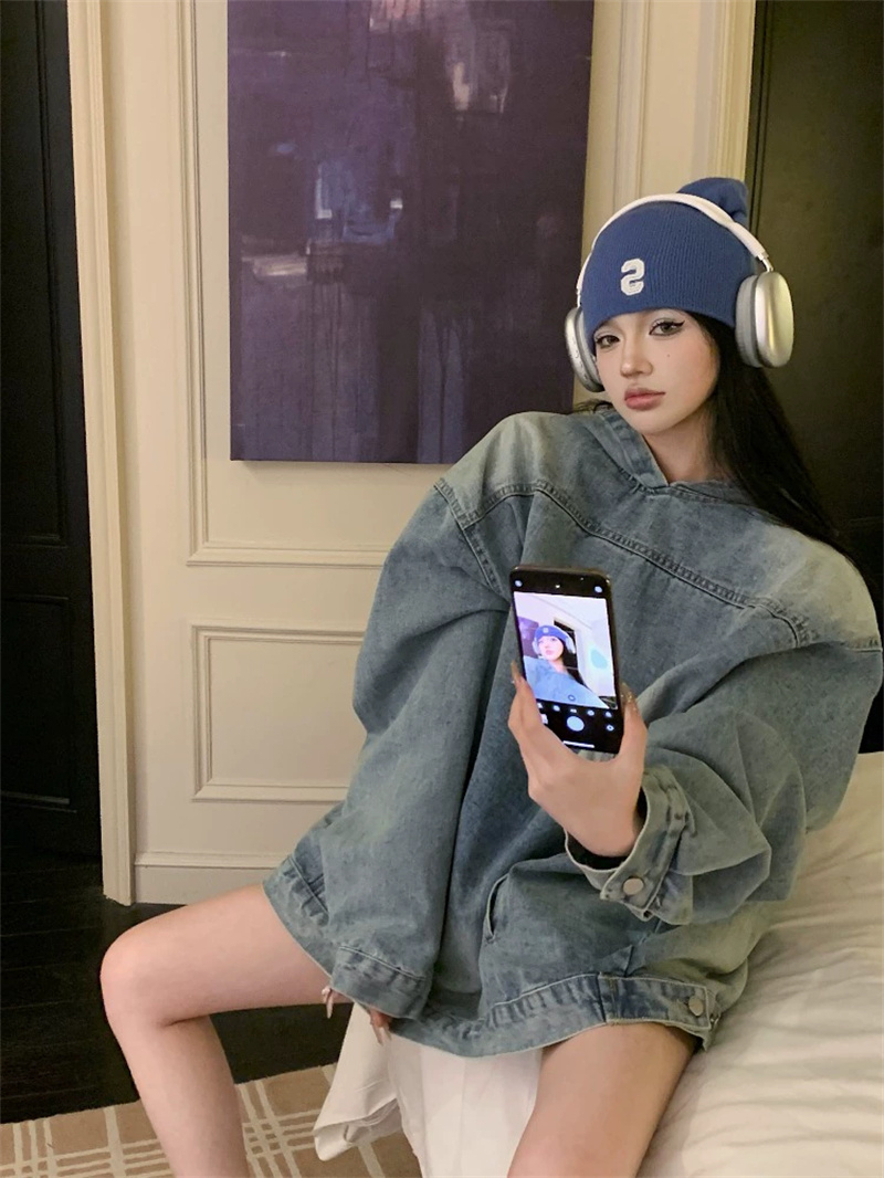 美式復古chic連帽牛仔外套女秋季長袖寬鬆設計感做舊套頭上衣外搭