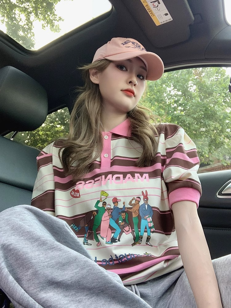 粉色條紋泡泡短袖t恤女夏美式設計感小眾獨特别致正肩polo領衫