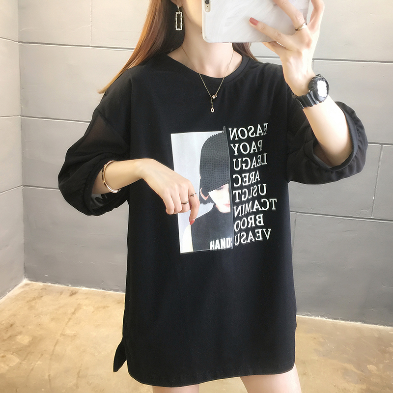 實拍6535棉夏季2024中長款超火蕾絲拼接露背圓領短袖T恤女