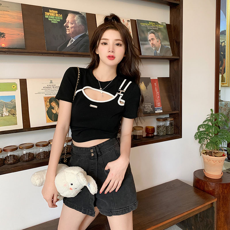 歐美爵士風格女裝jazz舞蹈短款上衣辣妹穿搭設計感假兩件短袖T恤