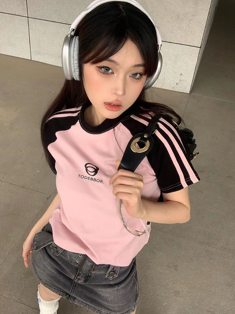 已出貨 純棉美式復古辣妹三條槓拉短袖t恤女插肩袖夏季