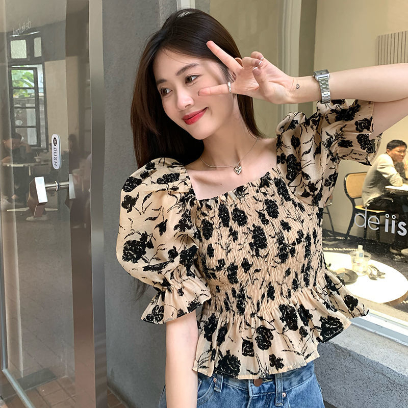 大碼法式方領碎花襯衫女設計感小眾短款襯衣夏季胖MM仙女氣質上衣