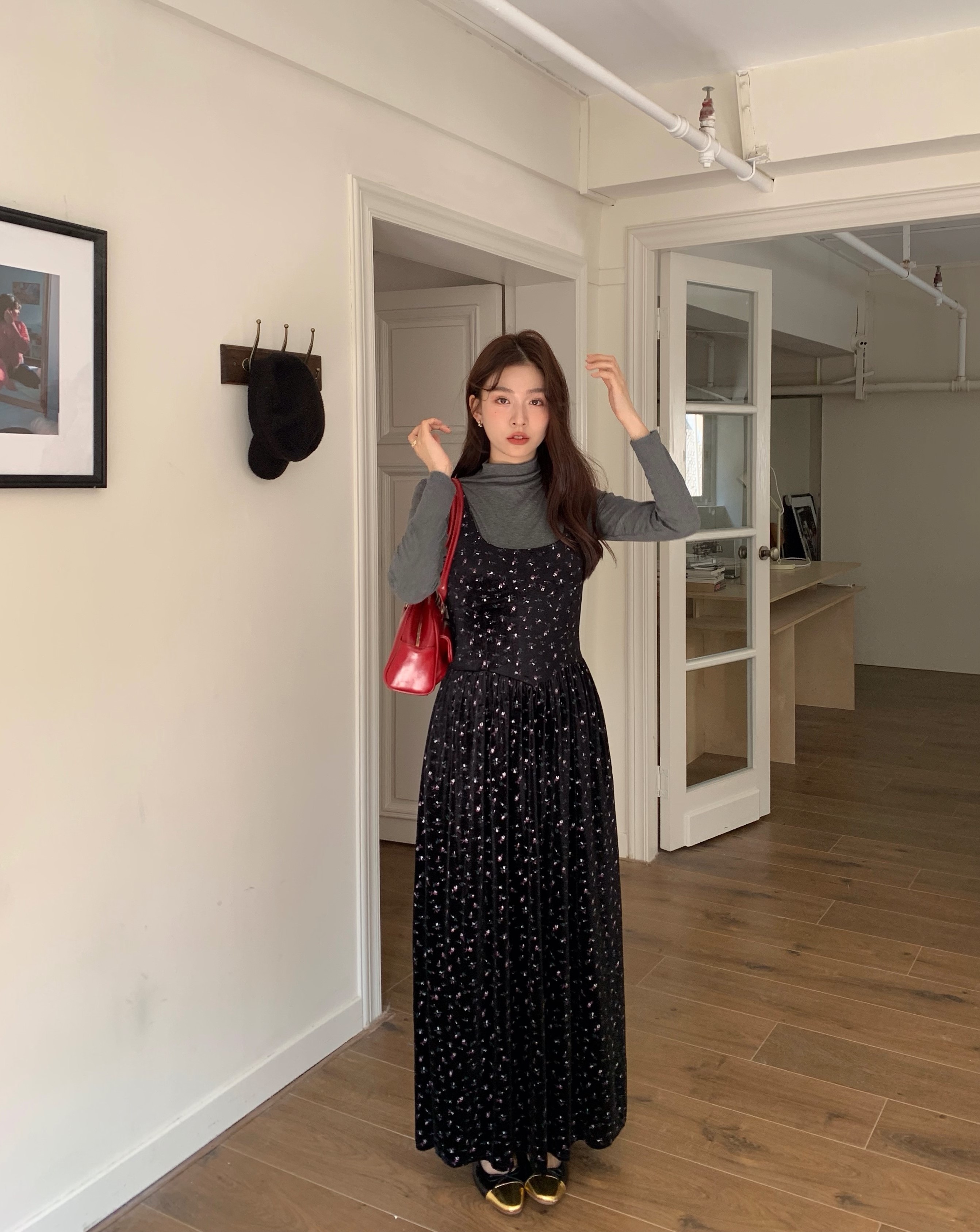 Actual shot French style square neck floral long vest dress bottoming skirt