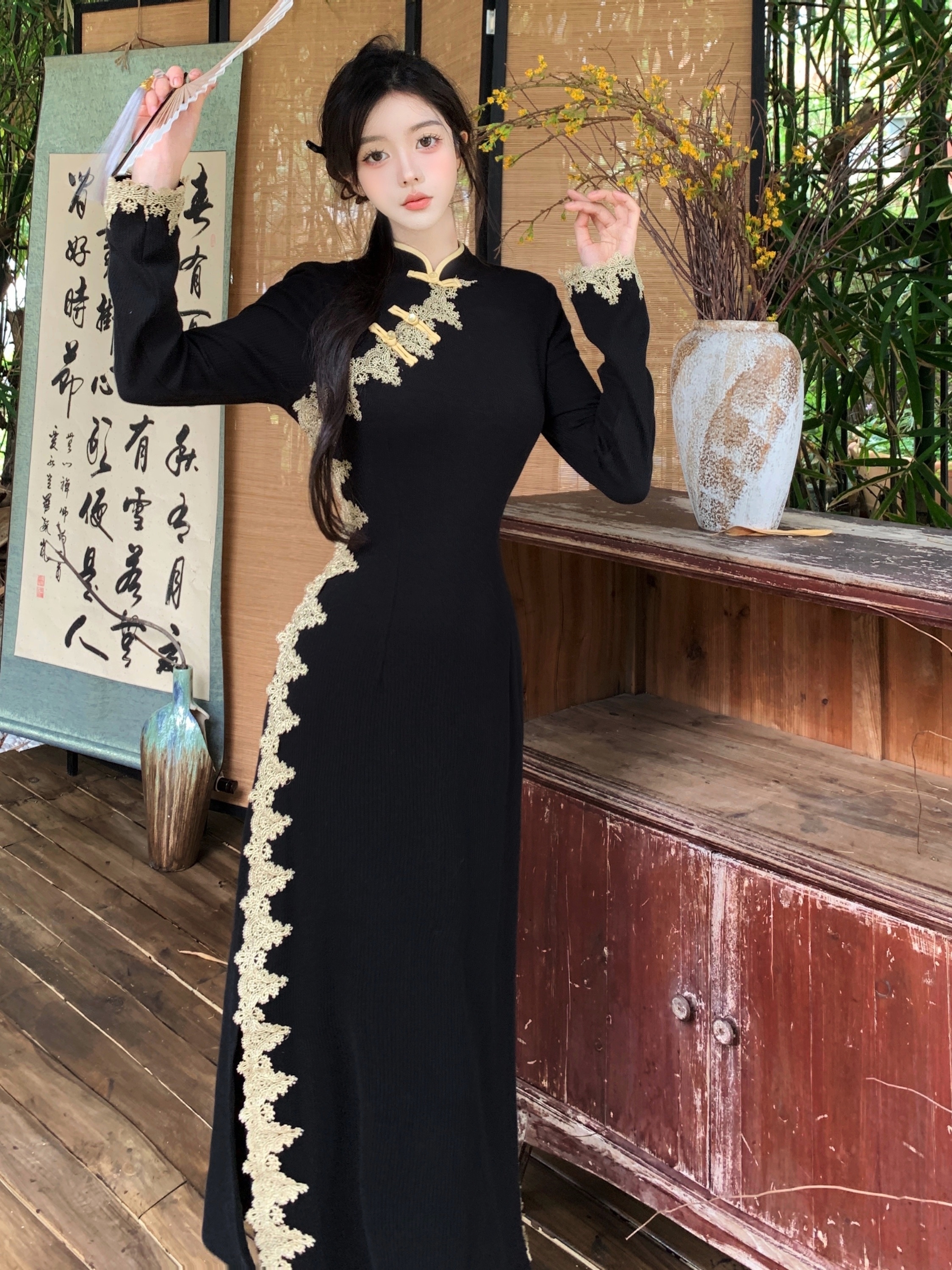 實拍~  新中式國風貴氣金邊改良旗袍連衣裙氣質顯瘦漢服