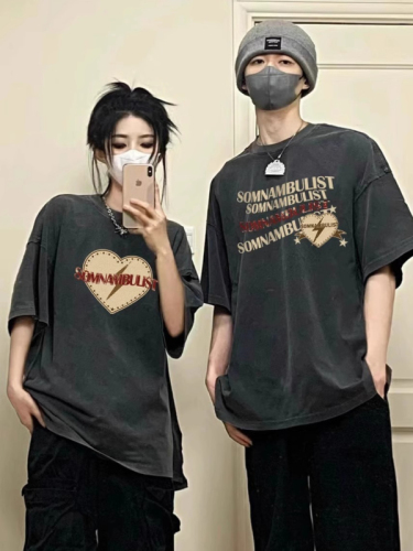 American retro washed couple outfit summer and autumn suit 2024 style clothes high-end internet celebrity niche short-sleeved T-shirt