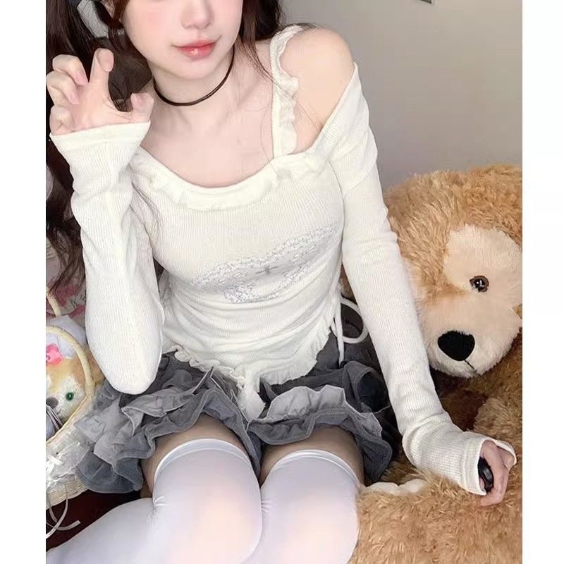 已出貨 純法式欲白色內搭上衣女春秋季新款小個子顯瘦不規則下擺