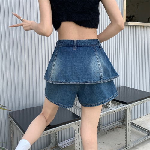 Real shot of summer American retro high-waist denim slim and loose A-line anti-exposure denim skirt S-5XL 200 pounds