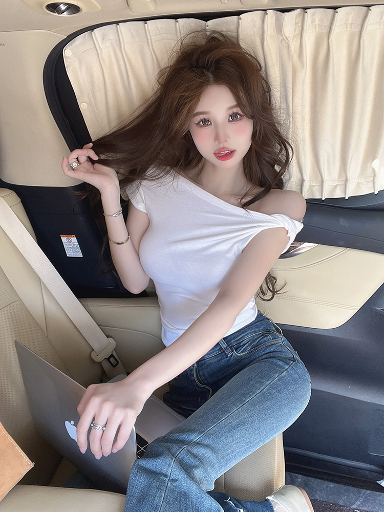 實拍 拼接辣妹短袖T恤女夏新款設計感露肩短款緊身針織上衣