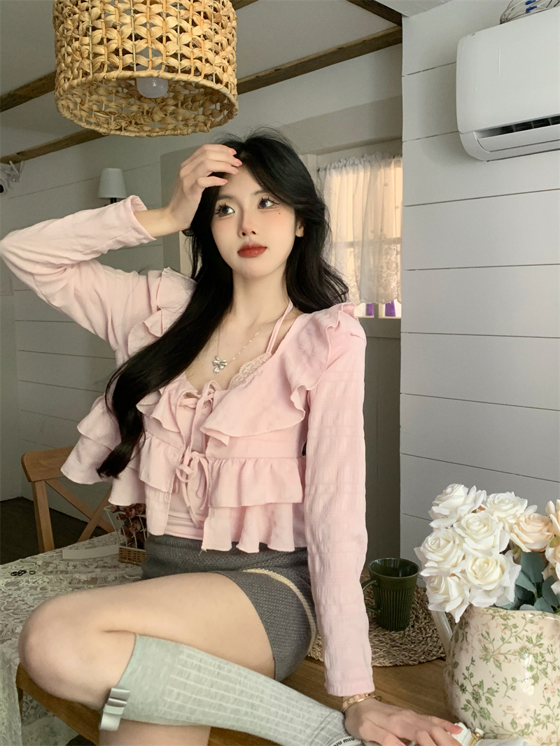Actual shot of two early spring Korean-style tops with designer camisole, lace ruffled shirts