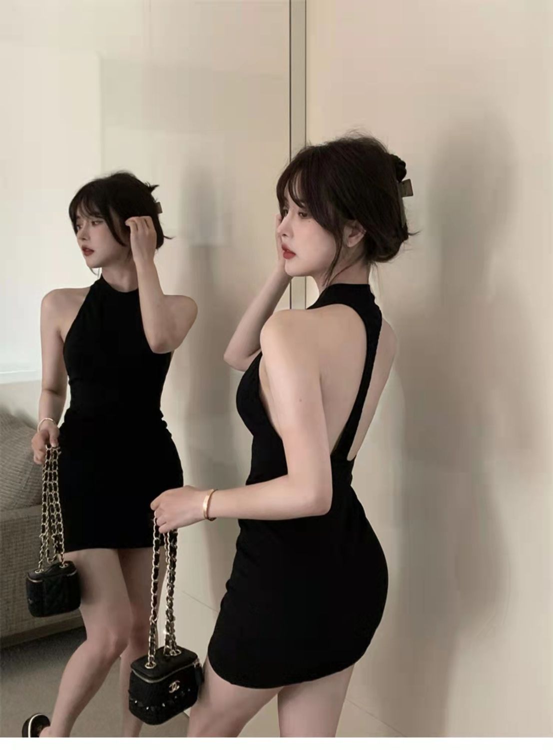 已出貨 夏季黑色掛脖露背裙子新款緊身包臀短裙淑女純色無袖