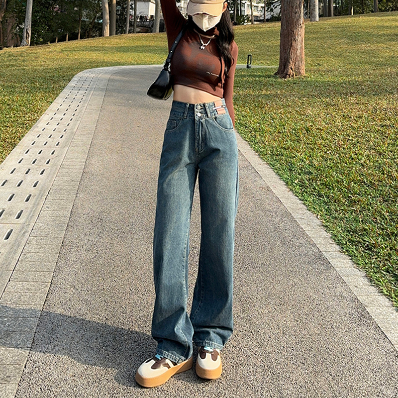 高腰窄版直筒牛仔褲女闊腿寬鬆2024年春秋新款復古拖地顯瘦小個子