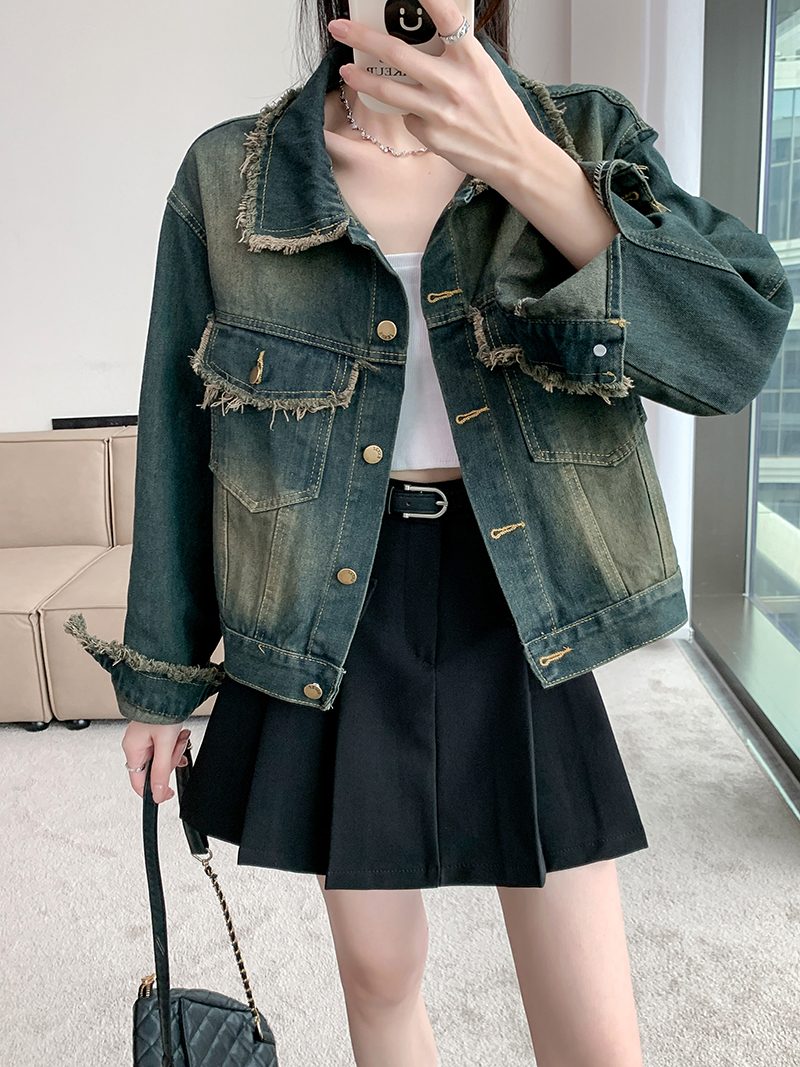 實拍~復古做舊毛邊牛仔外套春季新款小個子高級感短款上衣女
