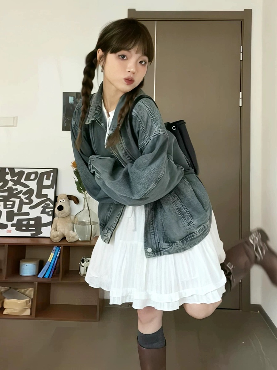 做舊水洗牛仔外套女春秋2024新款港風美式復古寬鬆百搭夾克上衣潮