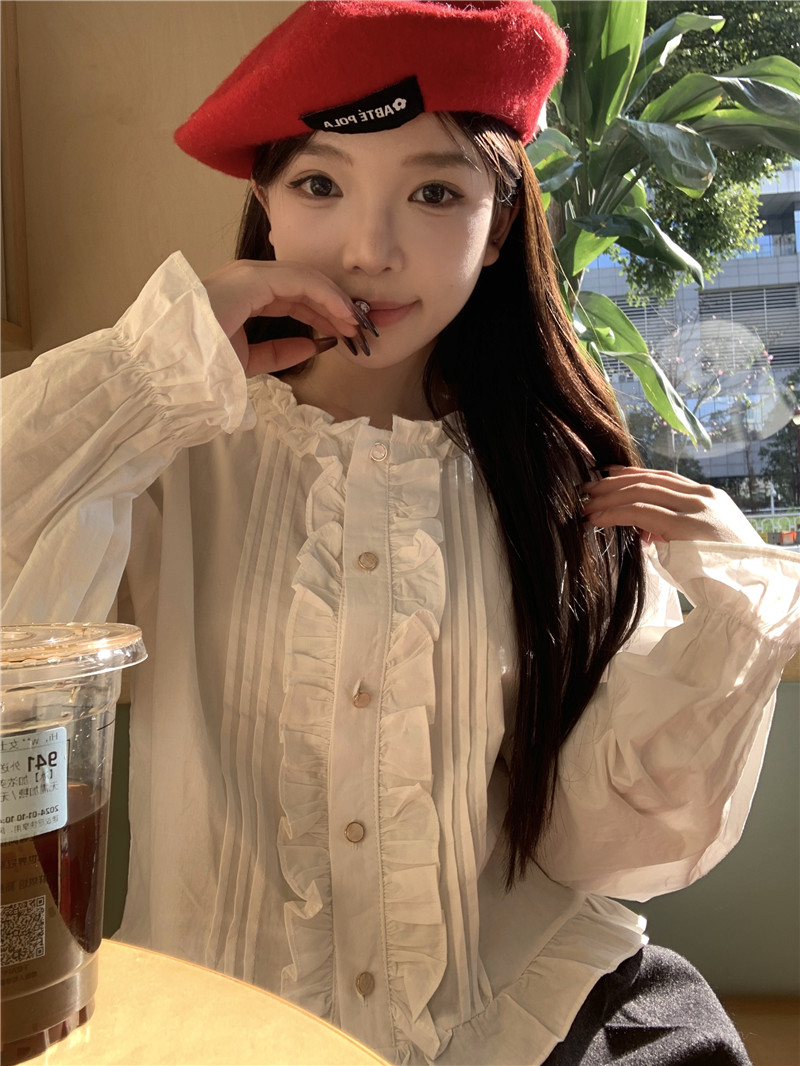 Real shot~Sweet age-reducing college style fungus long-sleeved shirt for small women and versatile tops
