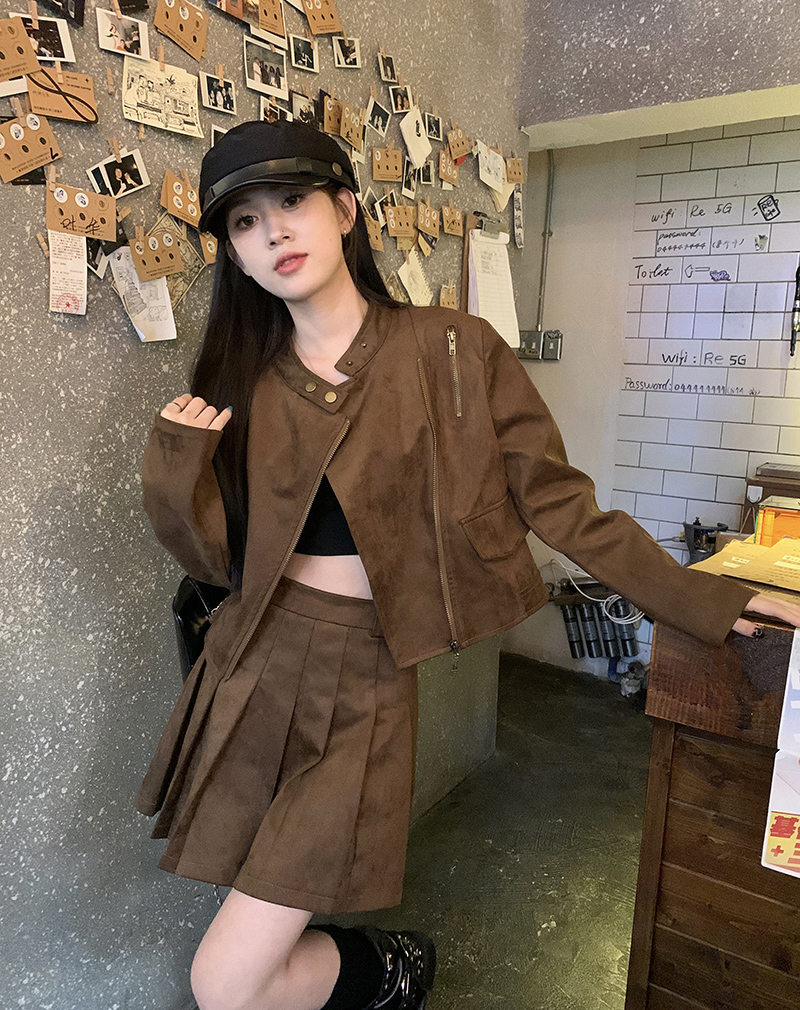 實拍  新款春季復古休閒鹿皮絨衣外套+百褶半身裙套裝女