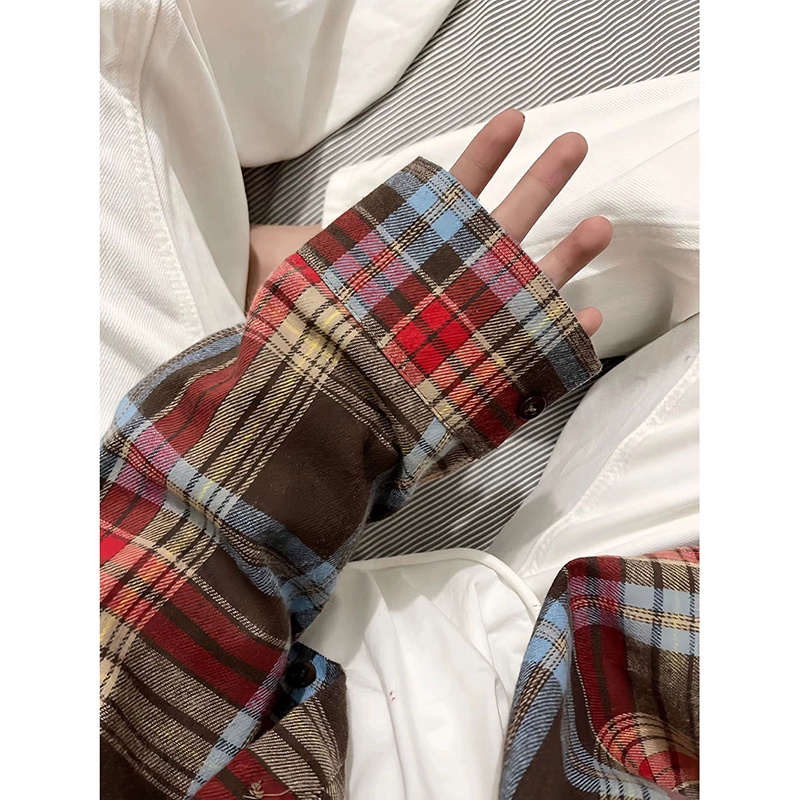 美拉德復古格子撞色長袖襯衫女秋冬季寬鬆外穿設計感小眾潮牌外套
